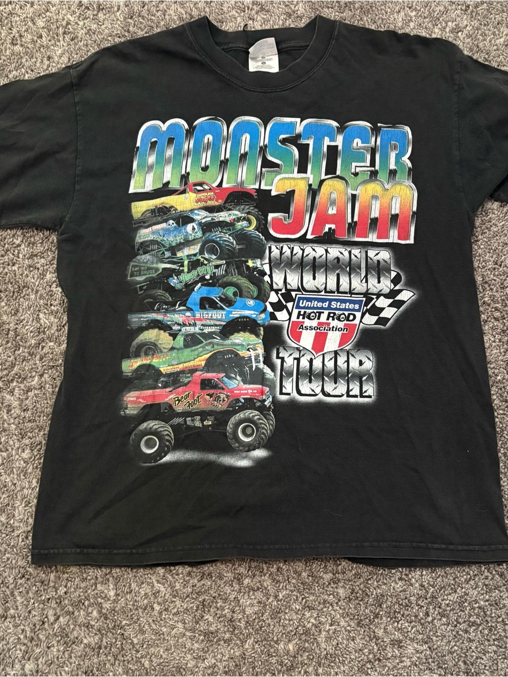 Vintage 90s Black Monster Jam World Tour Graphic Tee with Multicolor Print